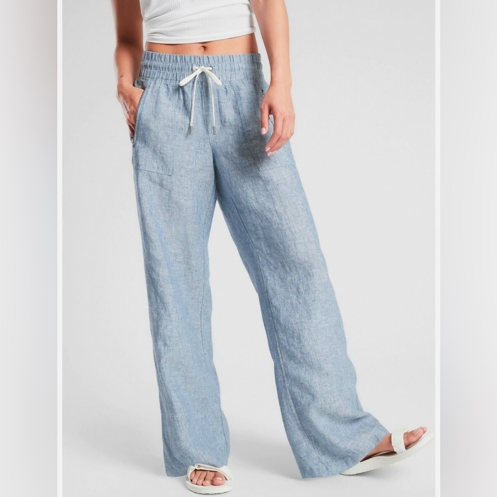 Athleta Cabo Linen Wide Leg Chambray Blue Zipper Pocket Pants #447244 EUC Size 8 - Picture 1 of 12
